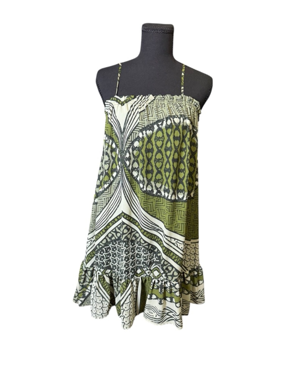 United Colors Of Benetton  Green Patterned Smocked Mini Dress adjustable straps
